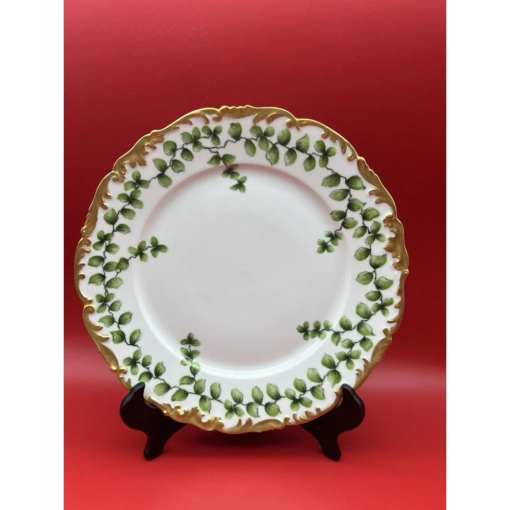Antique T&V Limoges France Depose Green Vine w Rich Gold Rim 5 Place Setting
